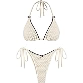 seamoly Contrast Binding Textured Halter Triangle Tie Side Bikini Set
