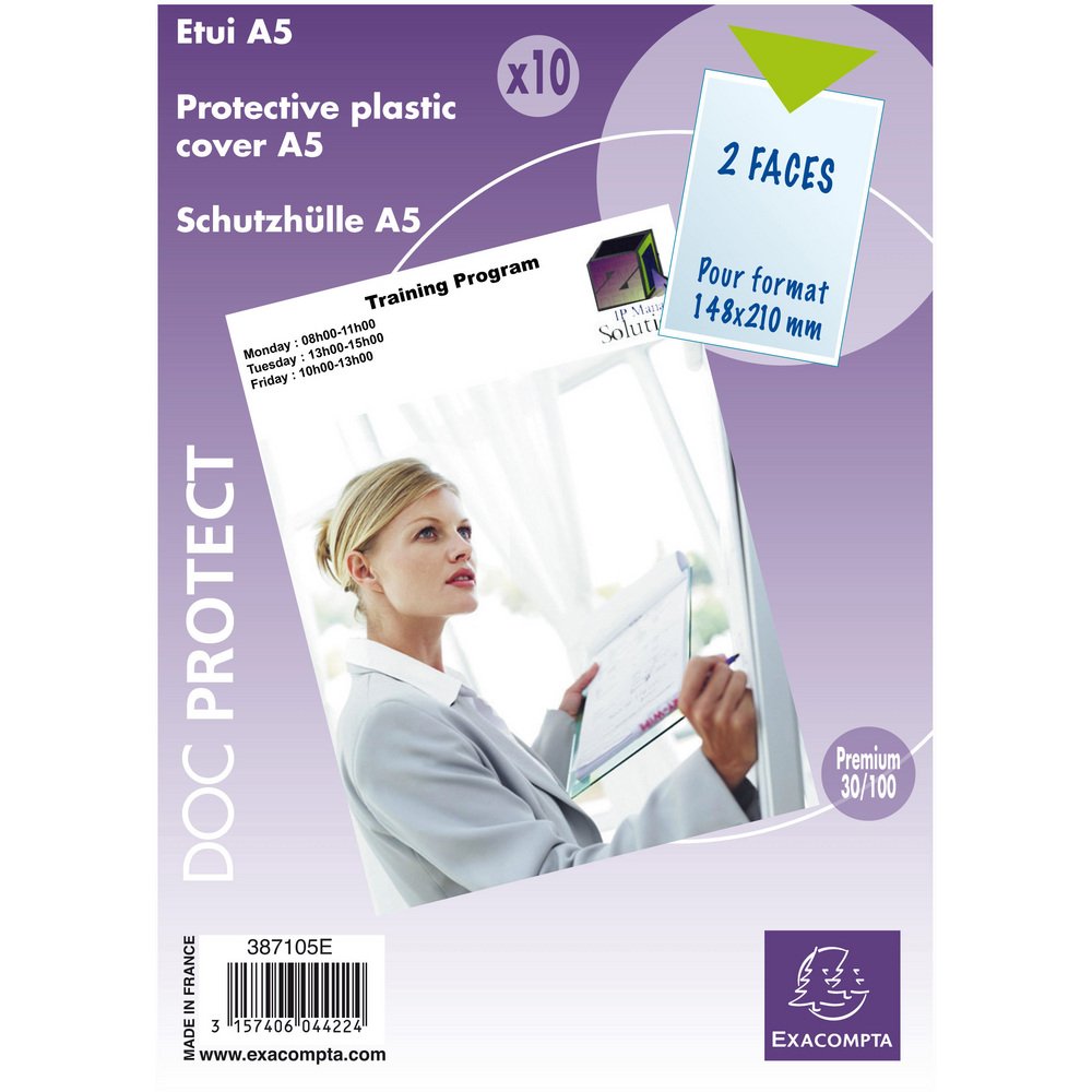 Exacompta - Ref 387105E - Premium PVC Protective Sleeve - 148 x 210mm in Size, Suitable for A5 Documents, 2 Display Faces, Hardwearing for Everyday Use - Bag of 10