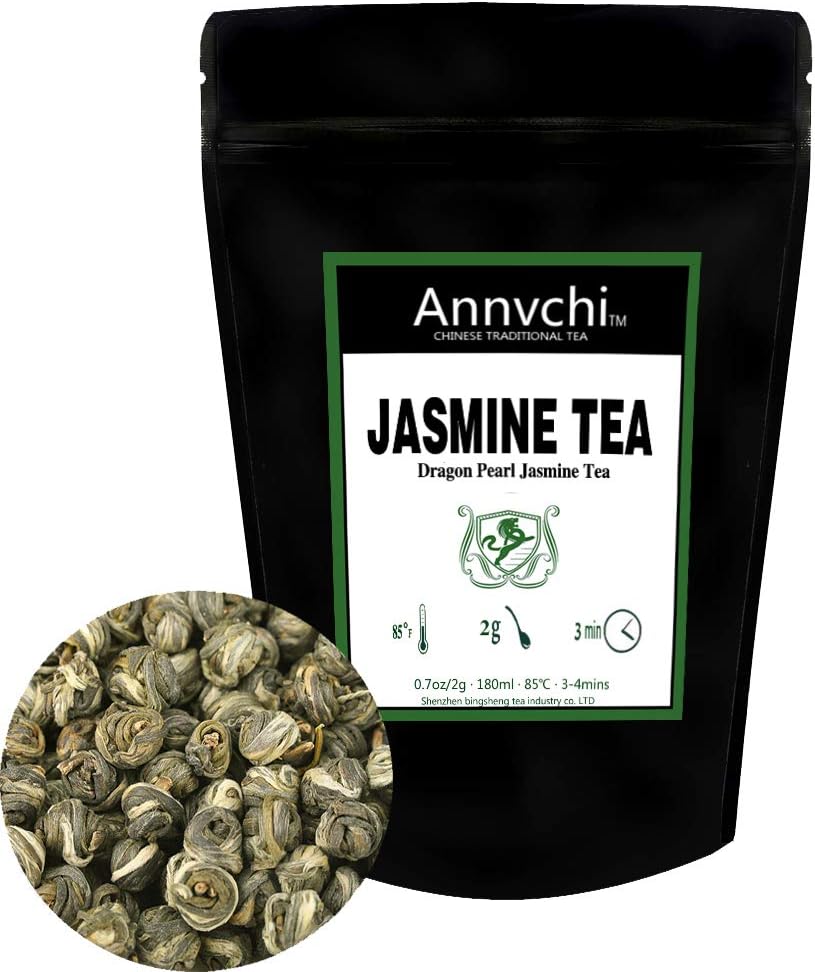 Jasmine Green Tea Loose (125 Cup) - Best Tea Jasmine Pearls and Tea China - Chinese White Jasmine Tea Pearls Loose Herbal Teas - Jasmine Pearl Green Tea Caffeine Level Low - 8.83 Ounce (250 Gram)