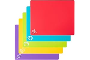 CADONO 5 Pieces Flexible Plastic Cutting Board Mats with Food Icons, BPA Free Cutting Boards for Kitchen, Non Slip Cutting Mat for Meat and Vegetables (Red, Bright Yellow, Light Green, Purple, Lake Blue)