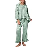 Flygo Womens Plaid Pajamas Sets 2 Piece Cotton Pj Set Puff Sleeve Ruffle Babydoll Shirt Gingham Pants Lounge Sets