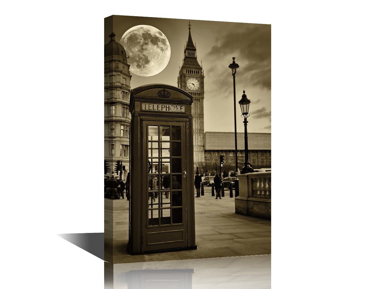 Black and White London The Big Ben Canvas Wall Art England Cityscape Painting Moon and A Phone Booth Pictures for Living Room Framed Stretched Ready to Hang 24x16 inch