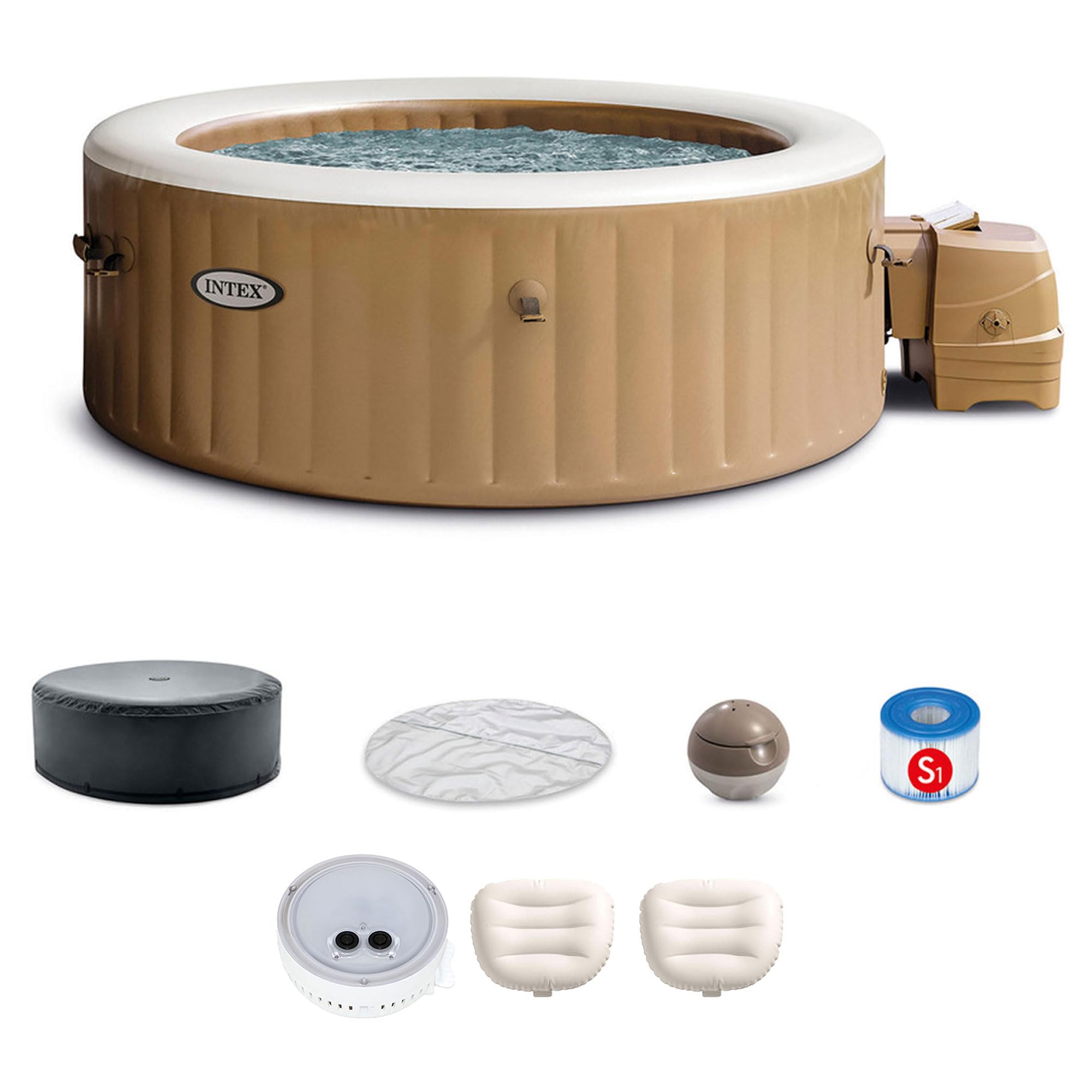 INTEX PureSpa 4 Person Bubble Massage Inflatable Hot Tub Spa Bundled with Battery Powered Multicolor LED Light, and Adjustable Headrest (2 Pack)