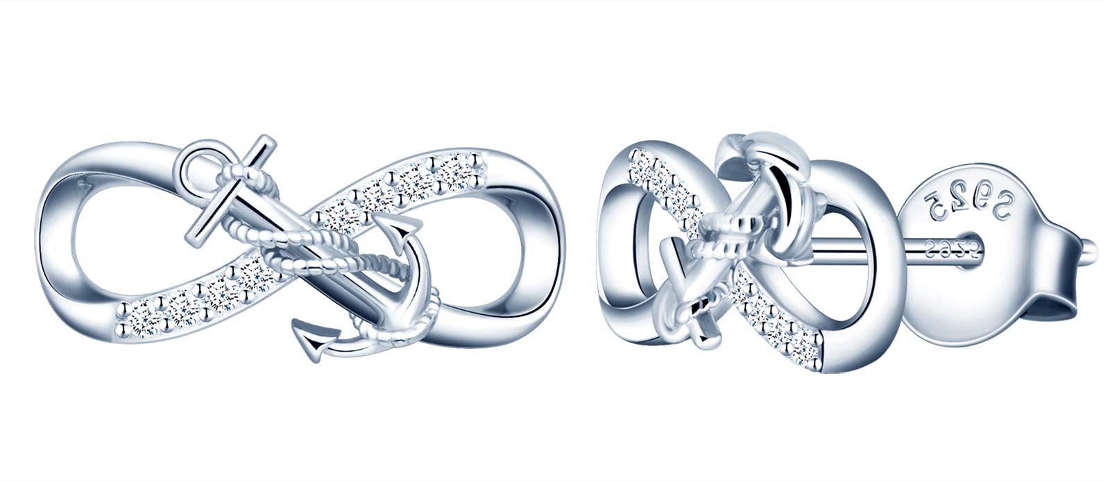 MicLee Woman's girl's Earrings, 925 Sterling silver anchor earrings, Mini infinity symbol earrings studs, Inlaid zircon, silver