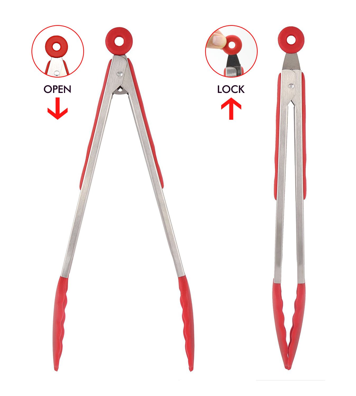 Phyles Pinzas de Cocina, Silicona de Cocina Premium Pinzas Antiadherentes 2 Pack 9 y 12 Pulgadas(Rojo)