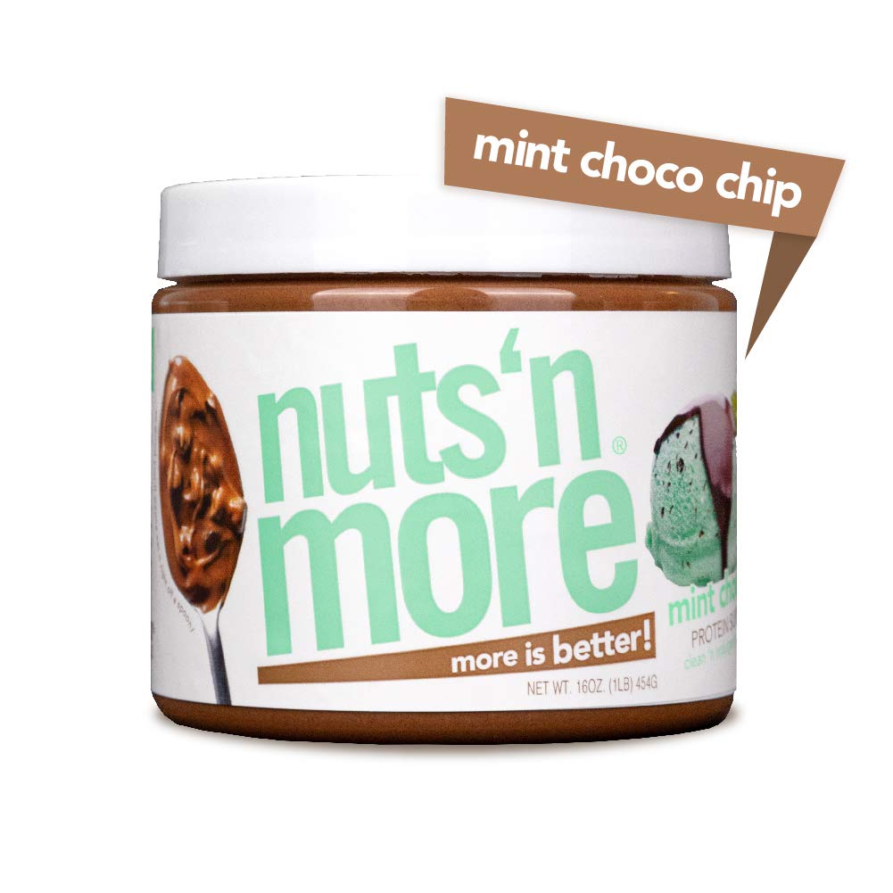 Nuts 'N More Mint Chocolate Chip Peanut Butter Spread, All Natural High Protein Nut Butter Healthy Snack, Omega 3&rsquo;s, Antioxidants, Low Carb, Low Sugar, Gluten-Free, Non-GMO, no preservatives,16 oz Jar