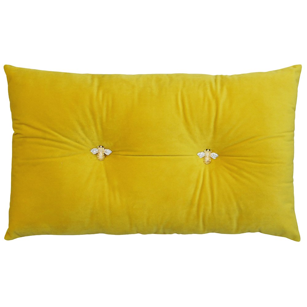 Bumble Rectangular Bee Scatter Cushion - Yellow - Faux Velvet Look and Feel - Jewelled Metal Bee Buttons - Polyfilled - 100% Polyester - 30 x 50cm (12" x 20" inches) - Made by Riva Paoletti