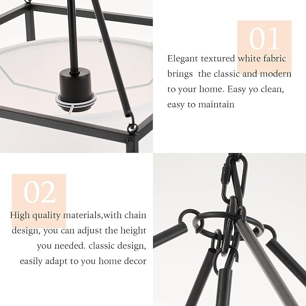 VILUXY MODERN FARMHOUSE CHANDELIER 17″ BLACK CEILING PENDANT LIGHT WITH WHITE FABRIC DRUM CHANDELIERS ROUND SQUARE HANGING LIGHTING FOR DINING ROOM BEDROOM FOYER