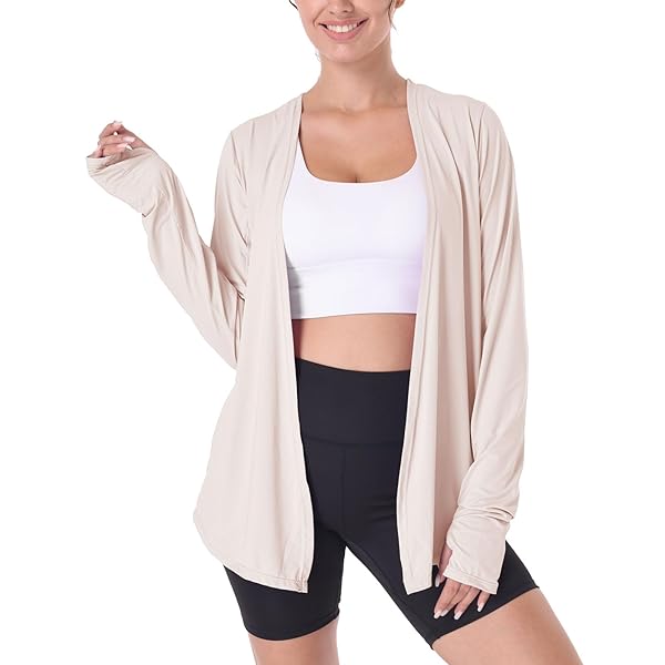 MAISON MISFITS 15 WOMENS LIGHTWEIGHT SUMMER CARDIGAN RASH GUARD UPF 50 LONG SLEEVE UV SHIRT WITH POCKETS THUMB HOLE BEIGE, XX-LARGE