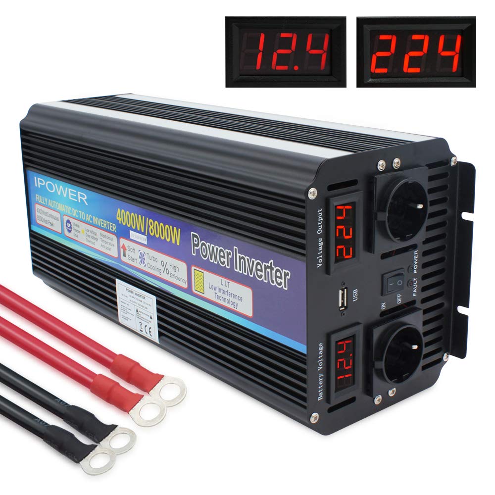 Onduleur 3000W 4000W 12V Vers 220V - Avec 4 Ports USB - Pour Camping-car, Voiture, Camping - Affichage LED - Protections Multiples