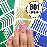 601 Reusable Nail Art Stencils Vinyl - 16 Different Shapes: Chevrons,Tribal,French Tip & More Adhesives Stripe Guides Patterns Designs 3 Sheets Supplies Kit Sticker Tape Decal Craft Gift Teen Girl