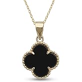 JewelryWeb - Solid 14k Yellow Gold 18" Gemstone Four-Leaf Quatrefoil Beaded Pendant Necklace - 13x20mm - Jade Flower Necklace - Onyx Flower Pendant - Mother of Pearl Jewelry - Dainty Necklace for Women