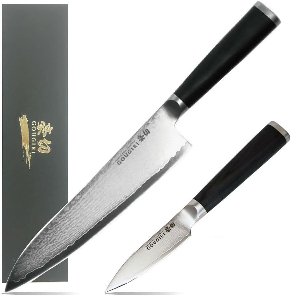 GOUGIRI Japanese Damascus 8inch Chef Knife & 3inch Paring Knife, Professional Stainless Steel Knives Set, Premium Craftsmanship in Seki City, Sharp Blade, Ergonomic Wooden Handle, Japan Award Winning