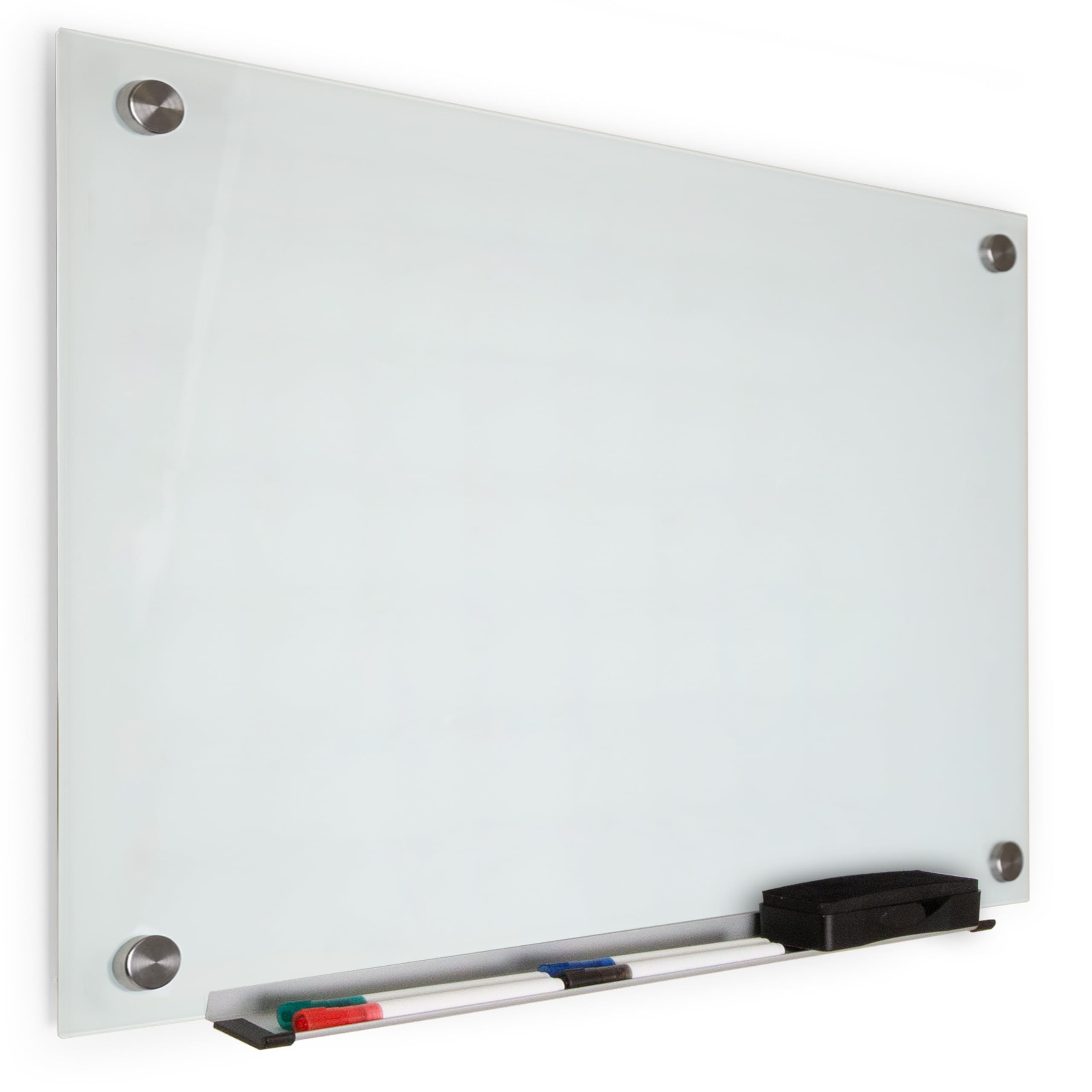 Photo 1 of Real Glass Dry Erase Board, 18" x 24", Tempered Glass Surface, Frameless Wall Mount, with 4 Assorted Color Markers and Eraser, by Better Office Products (Bright White)