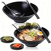 Vivimee Unbreakable Japanese Style Ramen Bowl Set of 2, 37oz Black Large Matte Melamine Bowls and Spoons Set with Chopsticks & Saucers for Pho Thai Miso Udon Soup Noodles or Asian Food