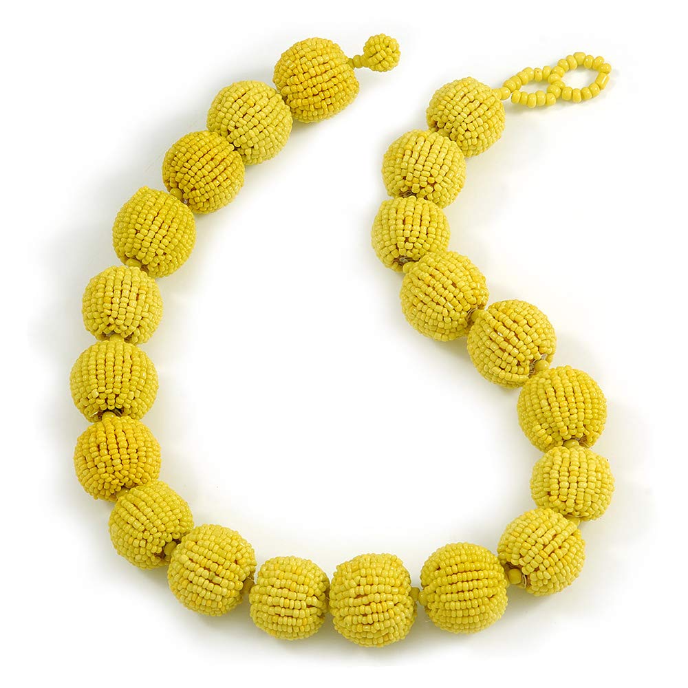 Avalaya Lemon Yellow Glass Bead Ball Chunky Necklace/54cm Long