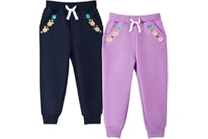 HILEELANG Girls Cotton Joggers Sweatpants Embroidery Drawstring Waist Pockets Casual Pants for Kids 12M-7Y
