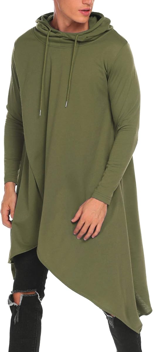COOFANDY Mens Casual Hooded Poncho Cape Cloak Irregular Hem Hoodie