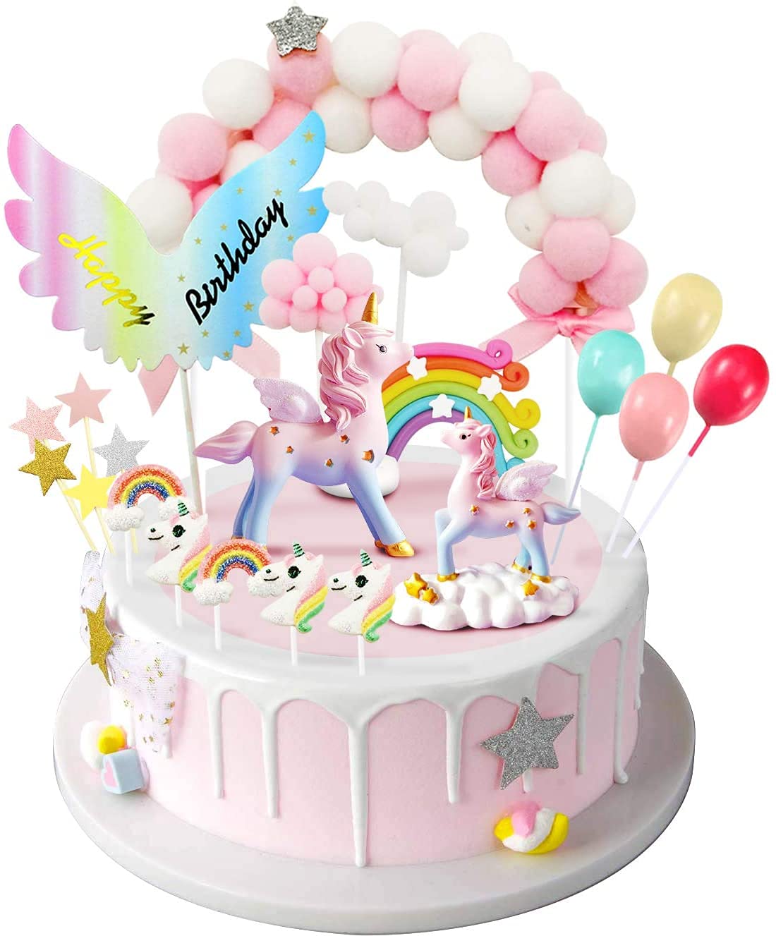 iZoeL Unicorn Cake Topper, Birthday Decoration, 1 Pink Hairball Arch Rainbow 1Happy Banner 2 Clouds 4 Balloons 10 Stars 3 Little Unicorns For Girl Kid Women Party