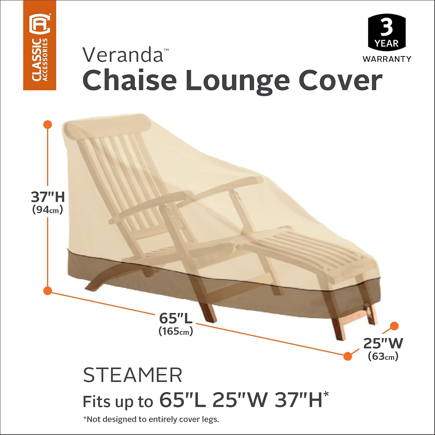 Classic Accessories 55-583-141501-00 Veranda Water-Resistant 65 Inch Steamer Patio Chaise/Deck Chair Cover, Pebble, Steamer Deck Chaise Lounge : Garden & Outdoor