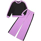 Hipea Girls Clothes 2 Piece Colorblock Clothing Set Long Sleeve Tops Wide Leg Pants Sweatsuits Fall Girls Outfits Size 6-14Y