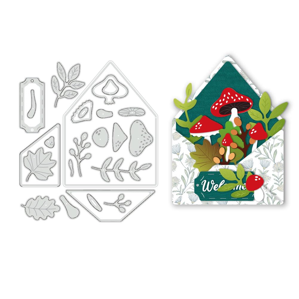 BENECREAT Envelope Plant Cutting Dies Stencils, Mushroom Leaf Die Cuts DIY Craft Carbon Steel Embossing Template for Card Making Photo Decorative Paper Scrapbooking, 149x128mm