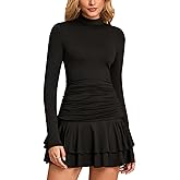 GLNEGE Fall Long Sleeve Mini Party Dress Flowy Mock Neck Ruffle Layered Going Out Dresses for Women