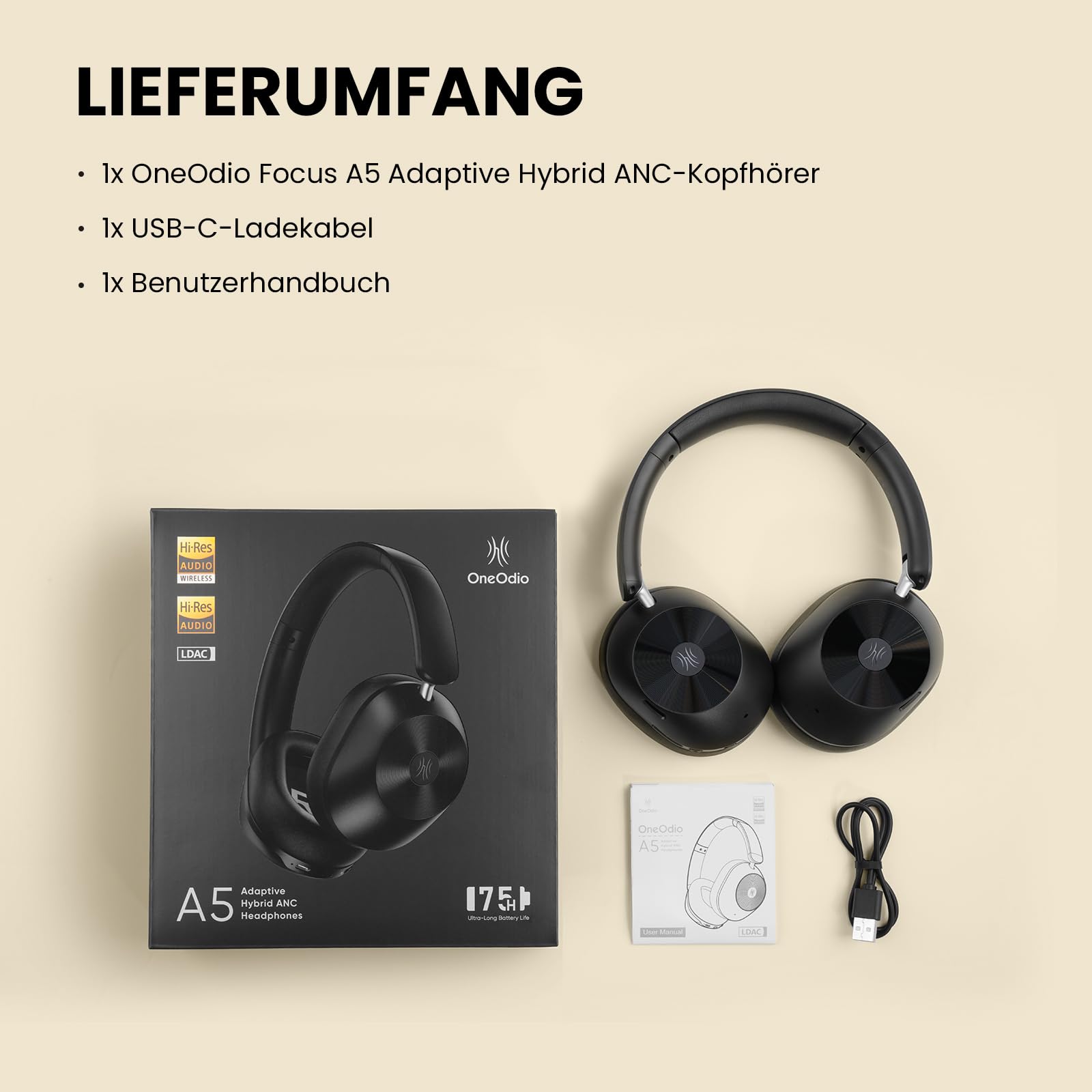 OneOdio A5 Over Ear Kopfhörer Kabellos Bluetooth, Hybrid Aktive Noise Cancelling, Hi-Res LDAC Audio, 75 Std. Akku, Bluetooth 5.4, klare Anrufe, Spielemodus, Schnellladung für PC Reisen Zuhause Büro 9