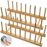 LZYMSZ Set of 2 Bamboo Wooden Dish Rack, Plate Rack Stand Pot Lid Holder, Kitchen Cabinet Organizer for Bowl, Cup, Cutting Board and More