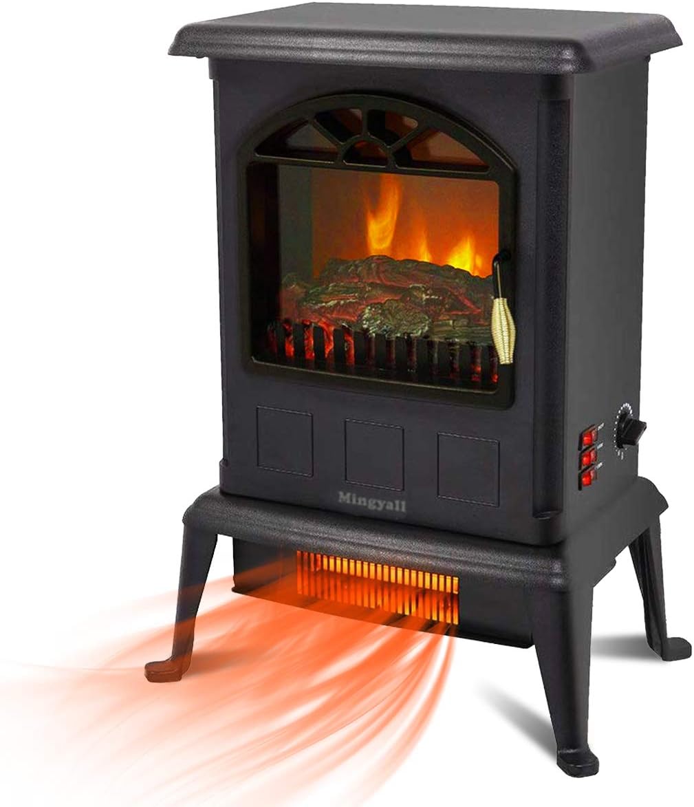 Lovinouse Infrared Electric Fireplace Stove Heater, Adjustable Thermostat, Overheat Protection, 1000/1500W, Freestanding Indoor Space Heater with 3D Flame Effect for Office and Home