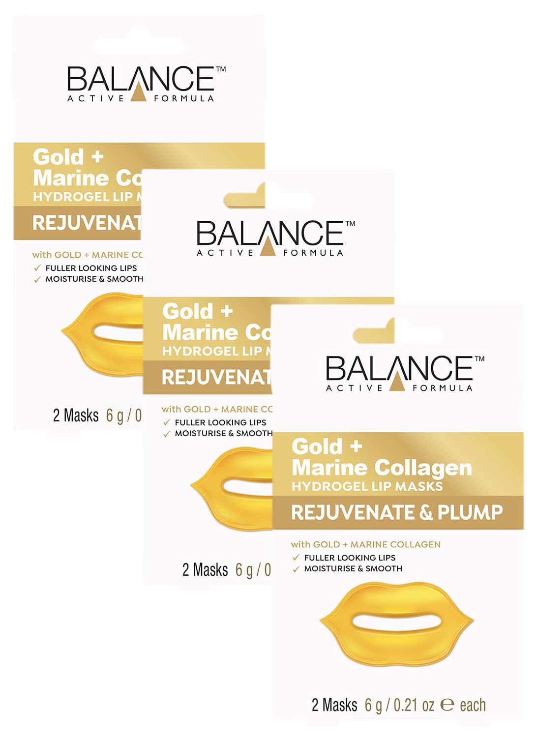 Balance Active Formula Gold + Marine Collagen Hydrogel Lip Masks (Includes 2 Masks) - Fuller looking lips. Moisturise & Smooth. Cruelty Free. (Pack of 3)