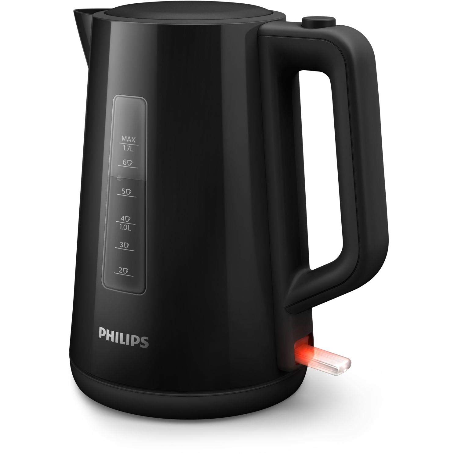 Philips Series 3000 Bouilloire, 1,7 L Couvercle À Ressort, Élément Chauffant Plat, Voyant Lumineux, Filtre Amovible, Multiples Systèmes De Sécurité, Noir (Hd9318/20)