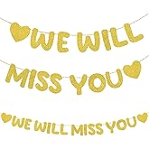 WLPHHM We Will Miss You Gold Glitter Banner for Graduation, Retirement, Party Decorations