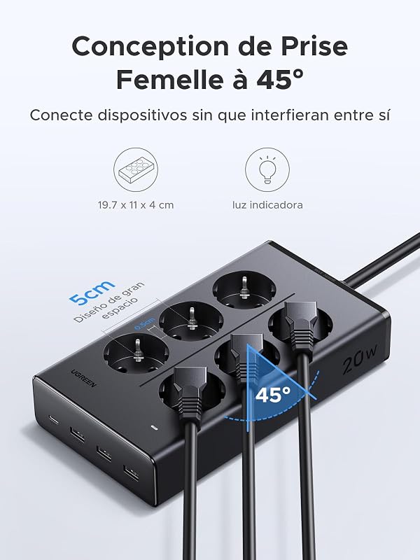 10 EN 1 Regleta Enchufe Multiple 6 Tomas AC 4 USB PD 20W 3680W 16A