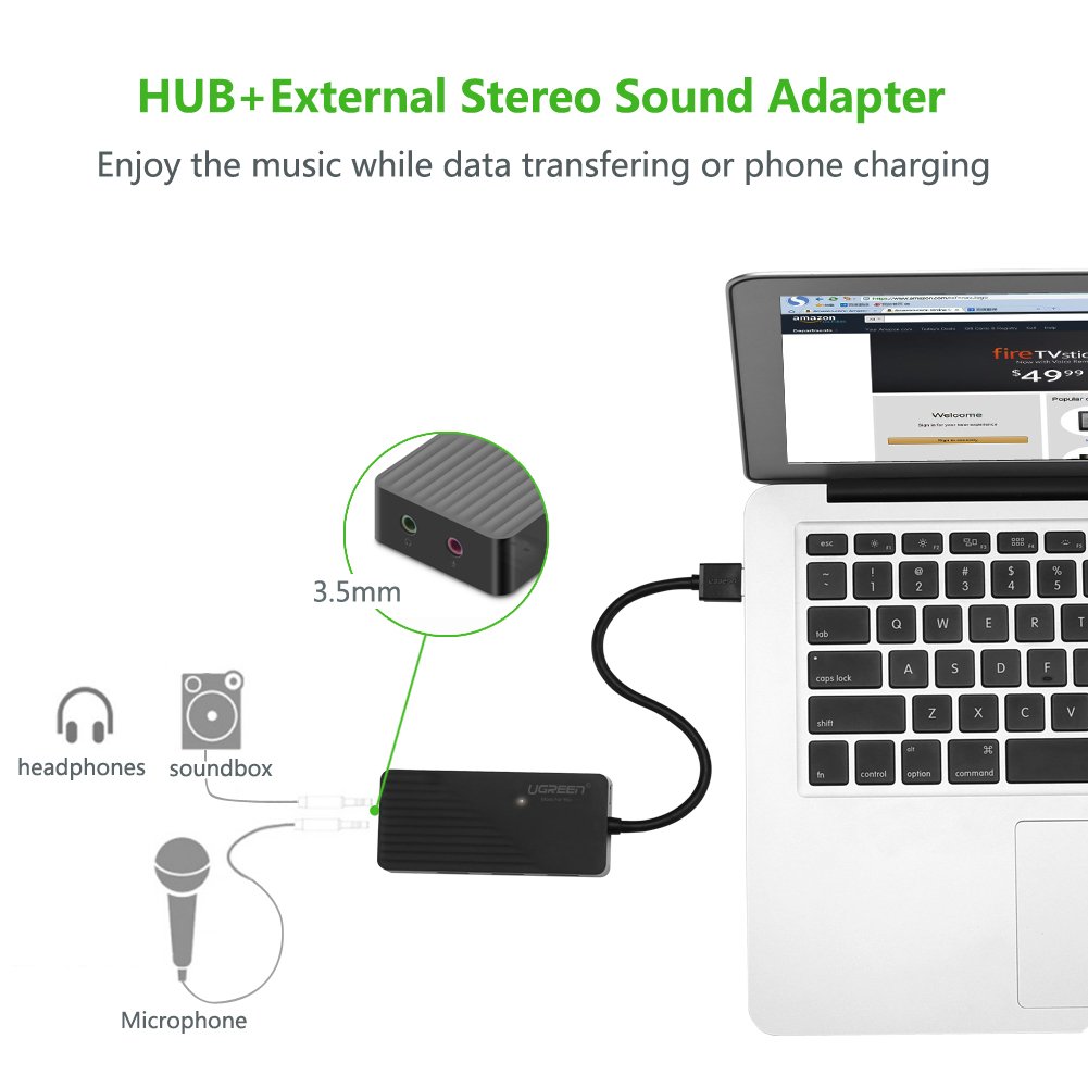 UGREEN USB 3.0 Hub 3 Ports USB Sound Card 2 in 1 External Stereo Audio