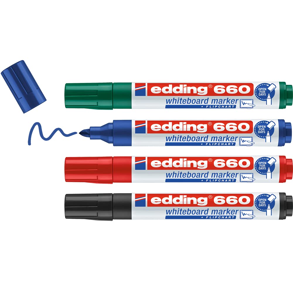 edding 660 whiteboard marker - multi-coloured - 4 whiteboard pens - round nib 1.5-3 mm - whiteboard pen dry wipe - for whiteboards, flipcharts, magnetic, memo boards - sketchnotes - refillable