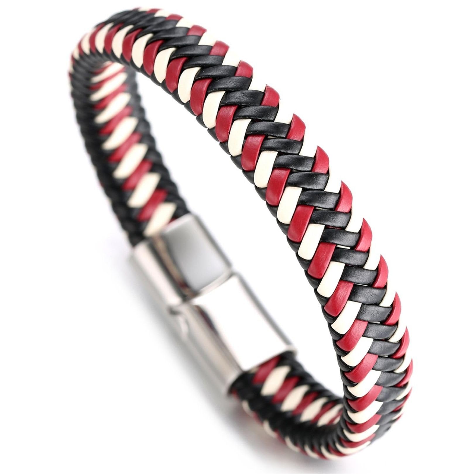 HALUKAKAH ● Jazz ● Men's Genuine Leather Sport Red Handmade Braid Bracelet Titanium Magnetic Clasp 8.5"(21.5cm) with Free Giftbox