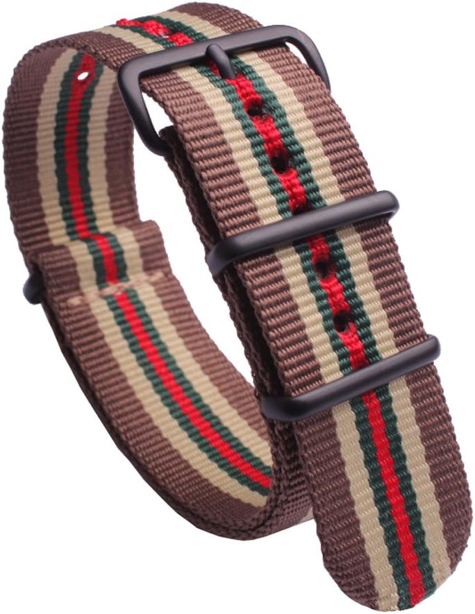 Watch Bands - NATO Regimental Brown, Beige, Green and Red Seat Belt Weaved Nylon Watch Straps Replacement Width