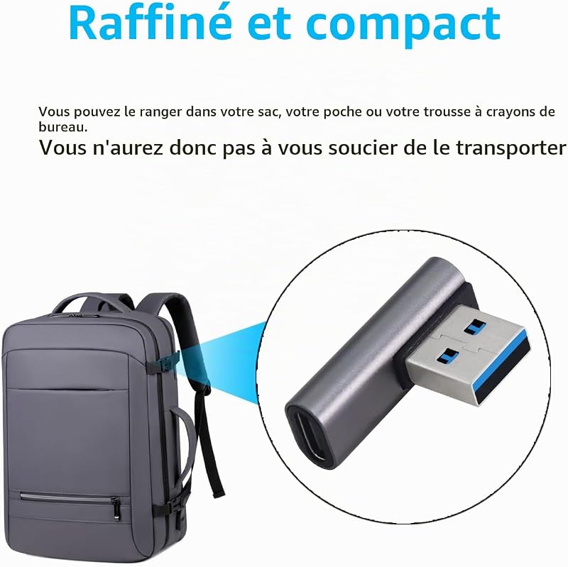 Adaptateur USB 3.1 10 Gbps 90 Degrés Mâle vers Type C Femelle - Transfert de Données OTG pour Tablette Portable - 3 Pack (Argent)