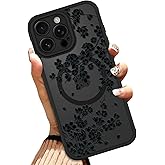 OOK Case for iPhone 16 Pro Max 6.9 Inch (Compatible with MagSafe) Floral Flowers Design Translucent Phone Cover Soft TPU + Hard PC Anti-Scratch Shockproof Magnetic Cute Case for Women - Black