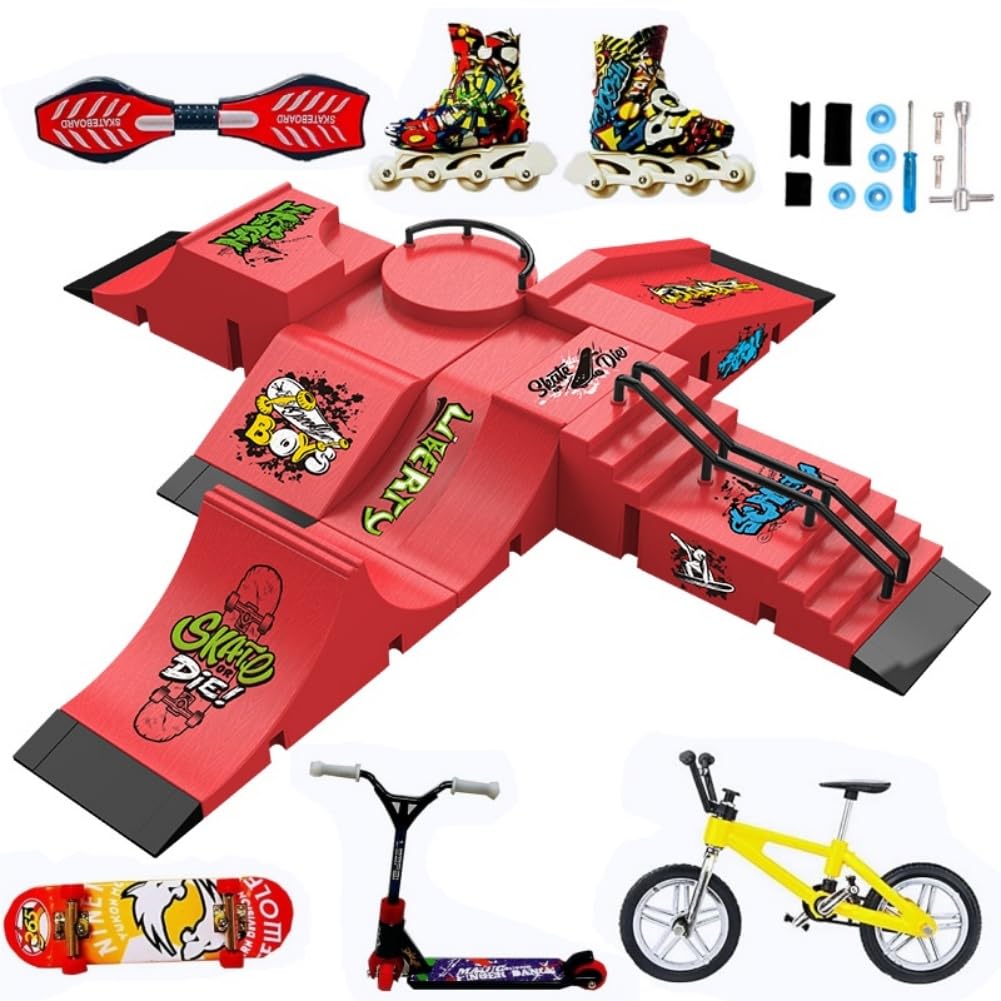 Fingerboard Skate Park Kit,Skateboard Finger Toys with 13 Pieces of Skateboards, Ramps, Skates, Scooters, Bikes and Caster Boards, funny Mini Finger Board Skate Training parts (RED)