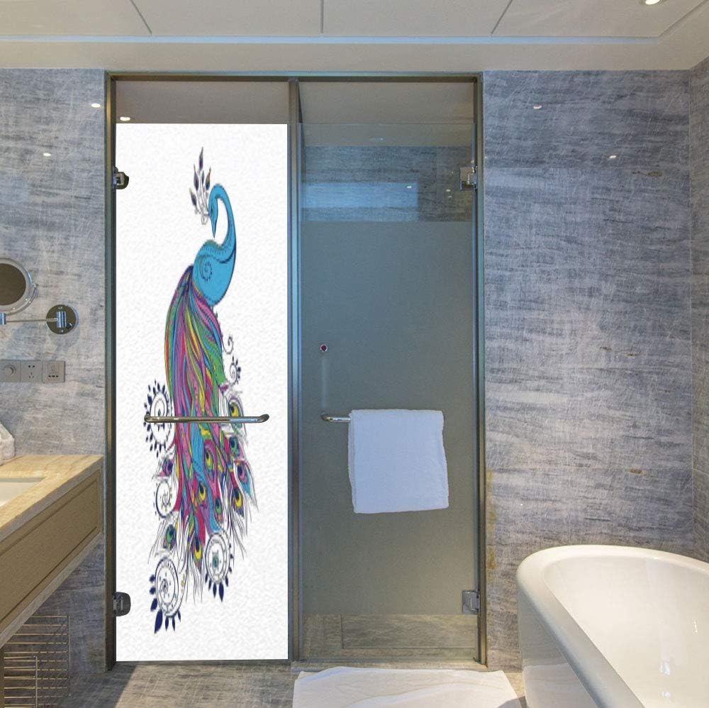 C COABALLA Frosted Window Film Stained Glass Window Film,Peacock Decor,Work Well in The Bathroom,Colorful Fashion Art with Peacock Pattern Stylish Ornament,24''x78''
