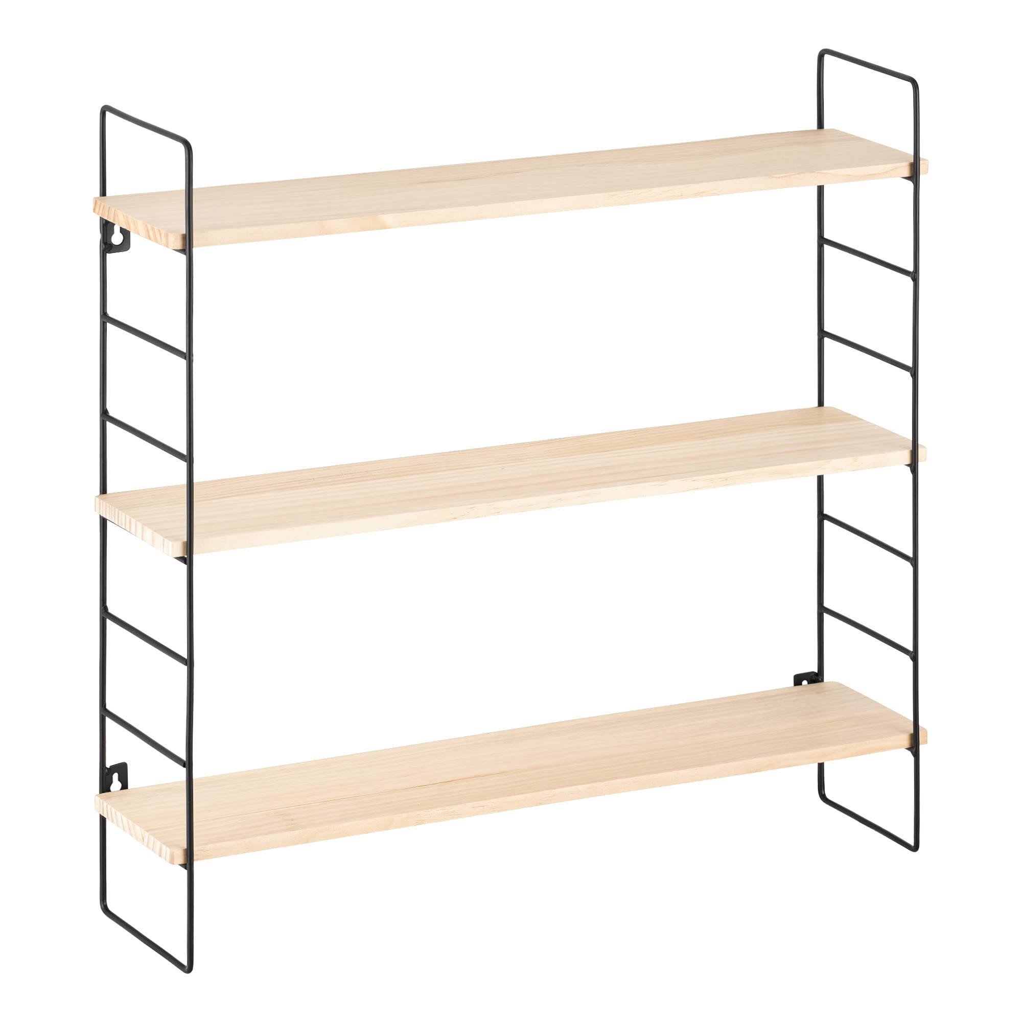 Navaris Wall Shelf Unit - Wall Mounted Hanging Pine Wood and Black Metal Shelves - 3-Shelf Shelving Unit for Bedroom Living Room Kitchen 50x50x12cm