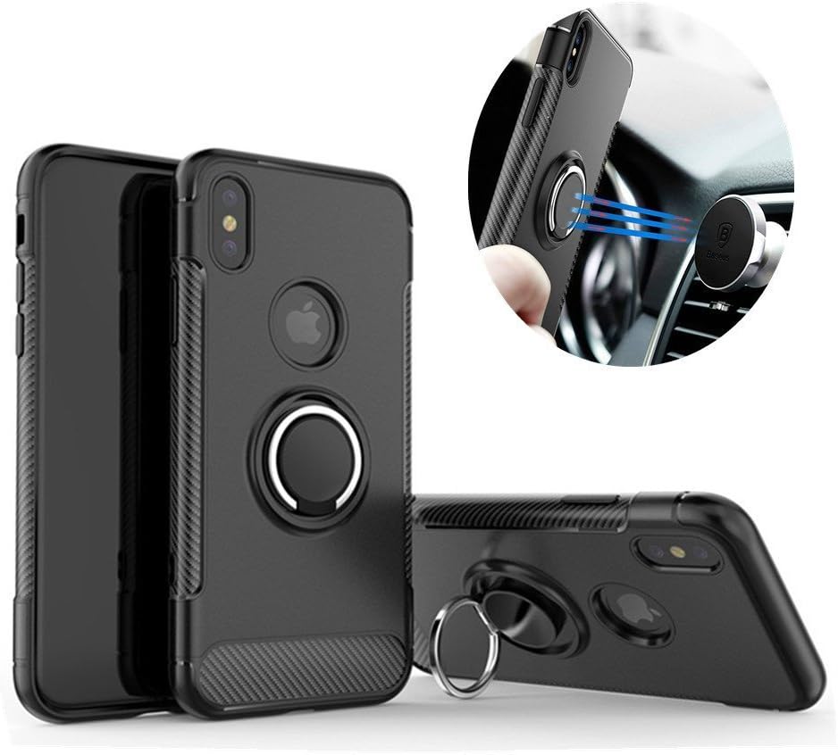 iPhone X Full Protective Phone Case - Adjustable Rotating Ring Holder Metal Kickstand – Resilient Shock Absorption, Dual Protection for Apple Iphone X 2017 (Black) Shalkon