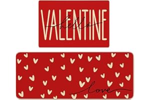 qiyeyeye 2Pcs Valentines Day Kitchen Mats Red Love Heart Non-Slip Floor Mat Set, Washable Rugs for Holiday Decor Home Entrance Porch Hello Valentines Door mat 16x24 and 16x45 Inch