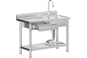 ANNUALRING Stainless Steel Utility Sink,Freestanding Kitchen Commercial Sink,Stainless Steel Sink with Hot and Cold Water Pipes and Drawers,Universal Sink for Indoor and Outdoor Use,39.4×19.7×35.4inch