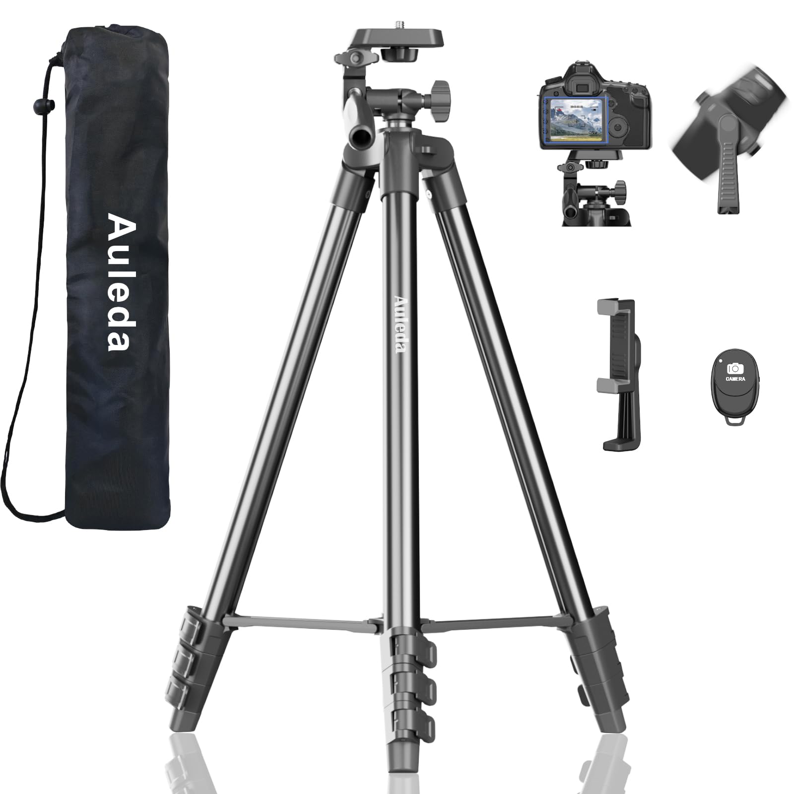 Photo 1 of 60? Camera Tripod Lightweight Travel Tripod Stand Compatible with Canon Nikon DSLR Cameras with Wireless Remote Phone Holder and Bag Max Load 6.6 LB Black