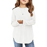 Haloumoning Girls Long Sleeve Shirts Kids Ribbed Knit Curved Hem Tunic Tops Fashion Tees 5-14 Years