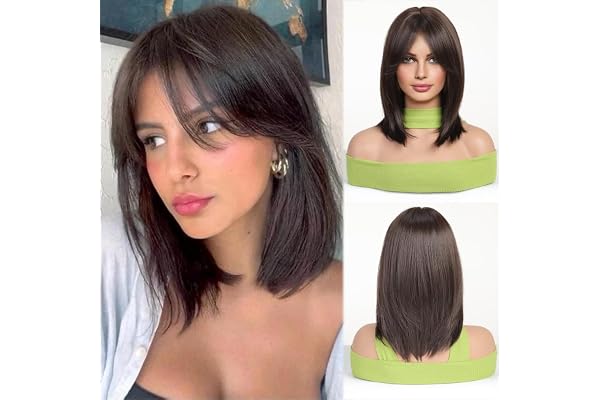 Esmee Short Straight Brown Bob Wigs With Curtain Bangs Shoulder Length Natural Wig Synthetic Daily Party Cosplay Wigs for Wom