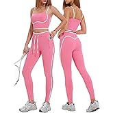 Women's 2 Piece Workout Set with Pockets Square Neck High Waist Leggings for Gym Tennis Golf Yoga Running Pilates Outfits